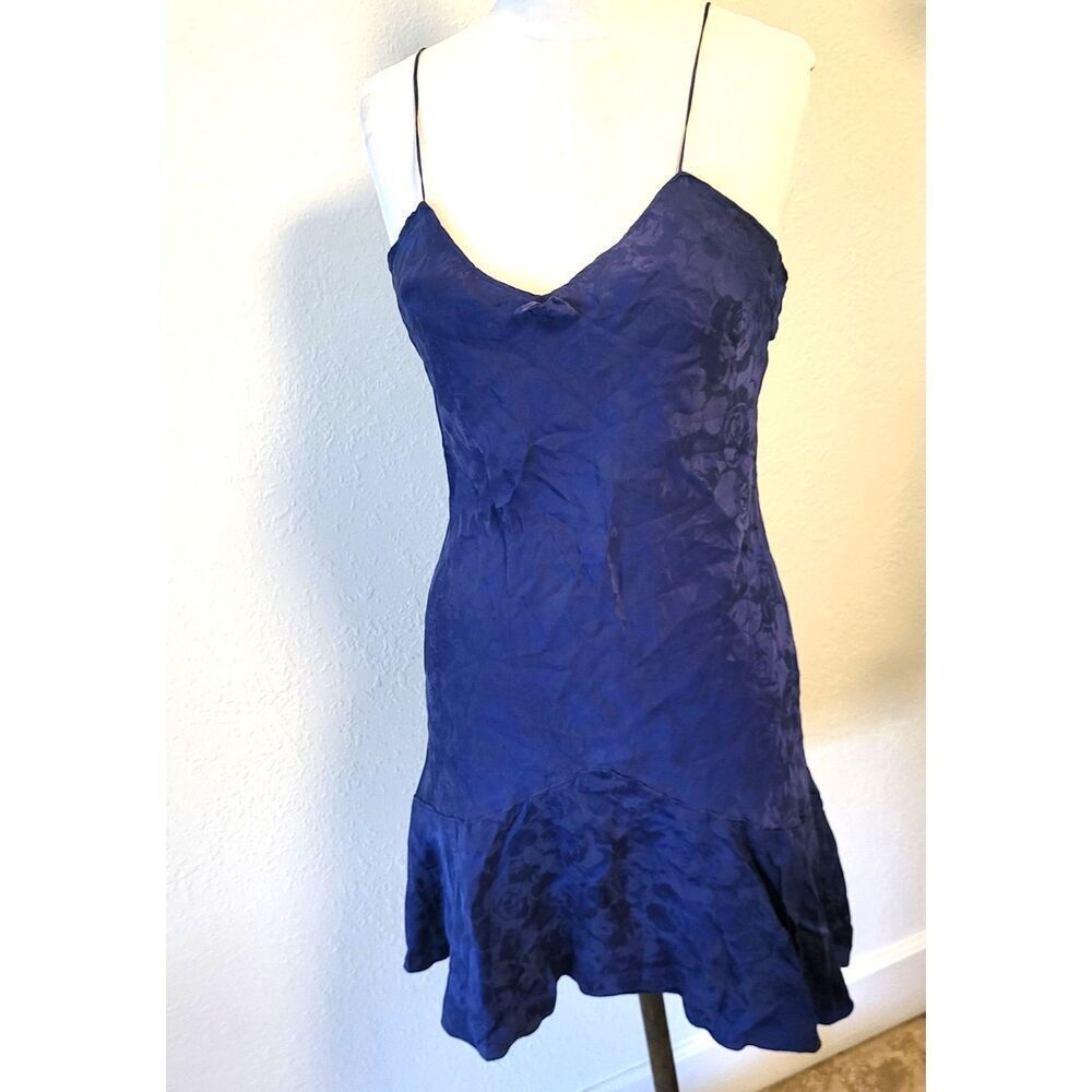 Vintage Y2K Valerie Stevens Lingerie Silk Ruffle Dress S Blue Floral